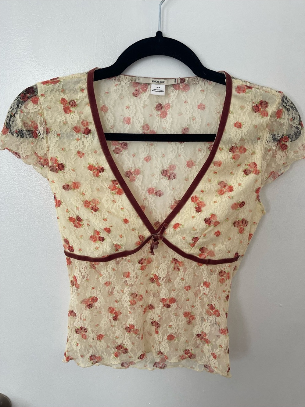 Urban Outfitters Lace Floral V-Neck Top - Burgundy Velvet Trim (Women)